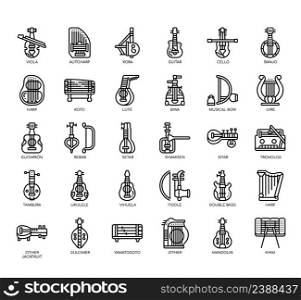 Set of string instruments thin line icons for any web and app project.