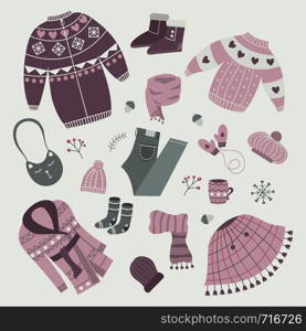 Set of stylish winter clothes. Cardigan and coat, snow boots and socks, scarf and mittens, poncho and sweater. Vector illustration.