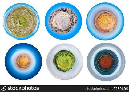 set of stylized spherical views of mountain planets