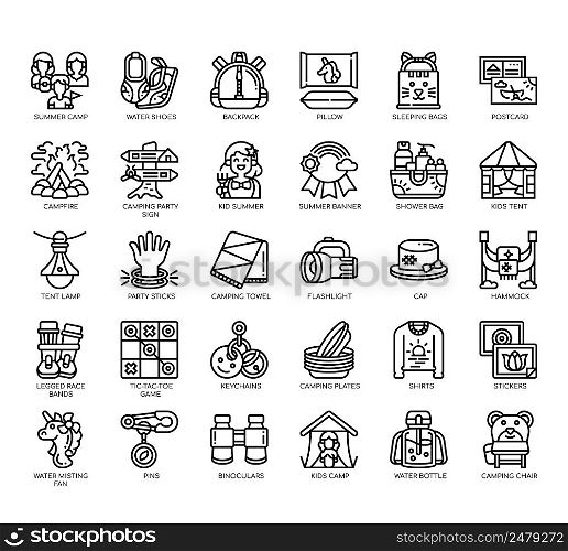 Set of Summer camp thin line icons for any web and app project.