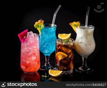 Set of summer classic tropical alcoholic cocktails on black background. Set of classic alcohol cocktails