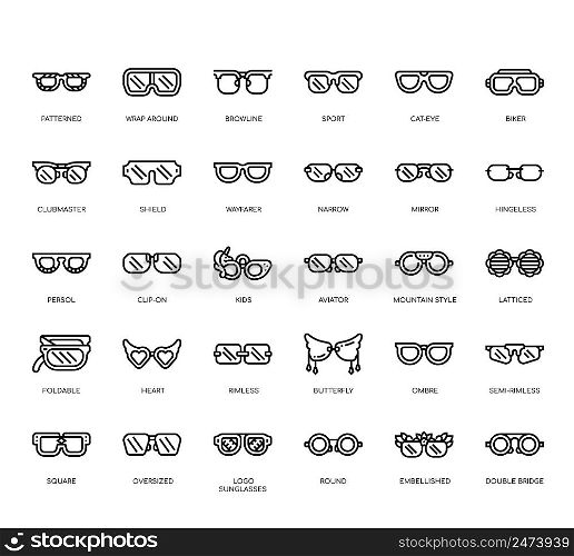 Set of Sunglasses styles thin line icons for any web and app project.