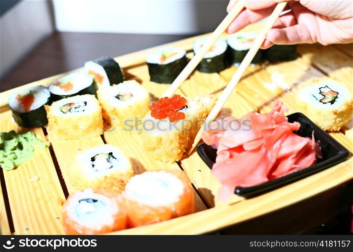 set of Sushi on the wooden plate