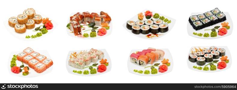 Set of sushi. Set of sushi fresh rolls isolated