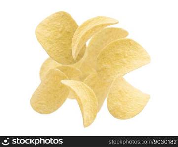 Set of tasty potato chips falling isolated on white background. Selective focus