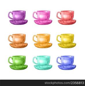 Set of tea cup in vintage style. watercolor cup of tea, or coffee isolated on white background. Watercolor cup set
