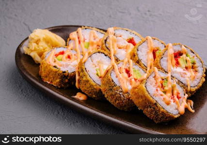 set of tempura fried sushi rolls on plate