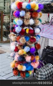 Set of the colorful pompoms in the bazaar