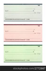 Set of three blank personal bank checks in blue, red, green with identifiable information removed isolated on white background.