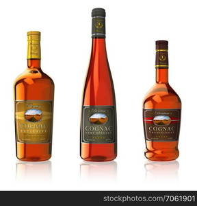 Set of three cognac bottles isolated on white reflective background