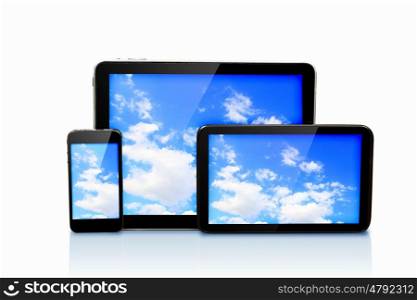 Set of three computer devices. Set of three computer devices with clouds illustration