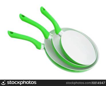 Set of three frying pans, isolated, close-up, green