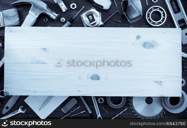set of tools and instruments on wood. set of tools and instruments on wooden background