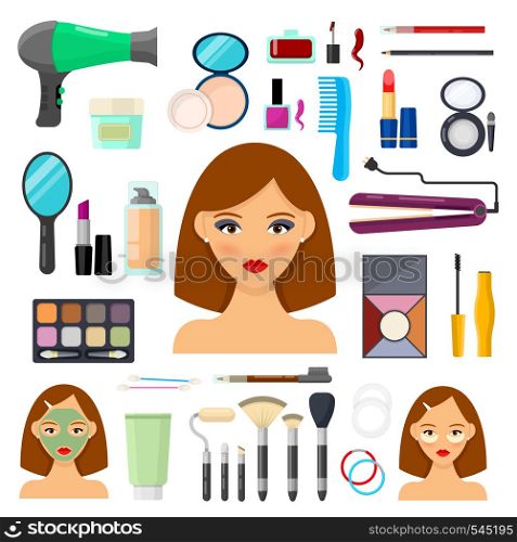 Set of tools for makeup and beaty on white background