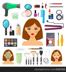 Set of tools for makeup and beaty on white background