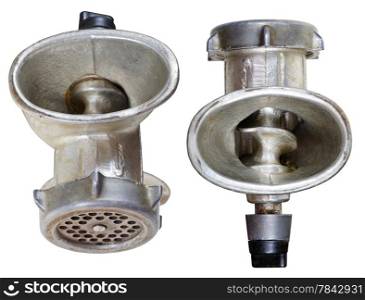 set of top views of old iron meat mincer isolated on white background