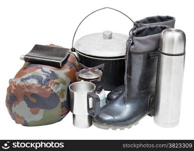 set of tourism equipment with rubber boots, pot, thermos, flask, can, sleeping bag, gas burner isolated on white background