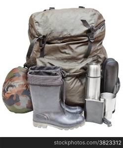 set of tourist equipment with knapsack, rubber boots, thermos, knife, flask, can, sleeping bag isolated on white background