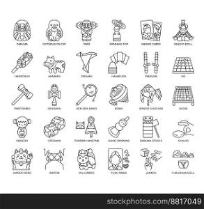 Set of Traditional japanese toys thin line icons for any web and app project.