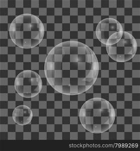 Set of Transparent Soap Water Bubbles Isolated on Checkered Background. Set of Transparent Soap Water Bubbles