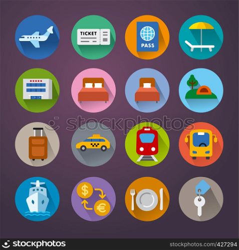set of travel concept flat icons of resort, cruise and transport