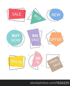 Set of trendy flat geometric vector. Vivid transparent banners in retro poster design style. Vintage colors and shapes.