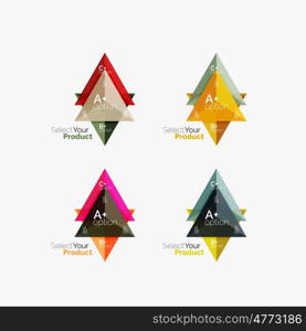 Set of triangle geometric business infographic templates. Elements of business brochure, info presentation background and web design navigation. Select your product concept, make a choice idea