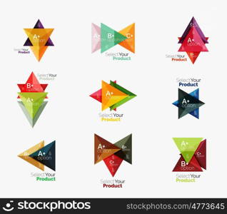 Set of triangle geometric business infographic templates. Elements of business brochure, info presentation background and web design navigation. Select your product concept, make a choice idea