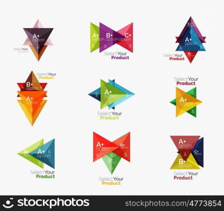 Set of triangle geometric business infographic templates. Elements of business brochure, info presentation background and web design navigation. Select your product concept, make a choice idea