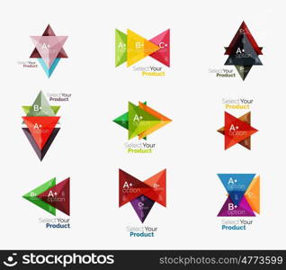 Set of triangle layouts with text and options. Elements of business brochure, infographic presentation background and web design navigation template. Select your product concept, make a choice idea