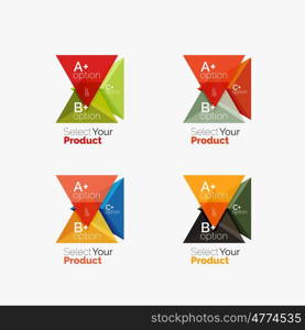 Set of triangle option infographic layouts. Select your product concept, make a choice idea