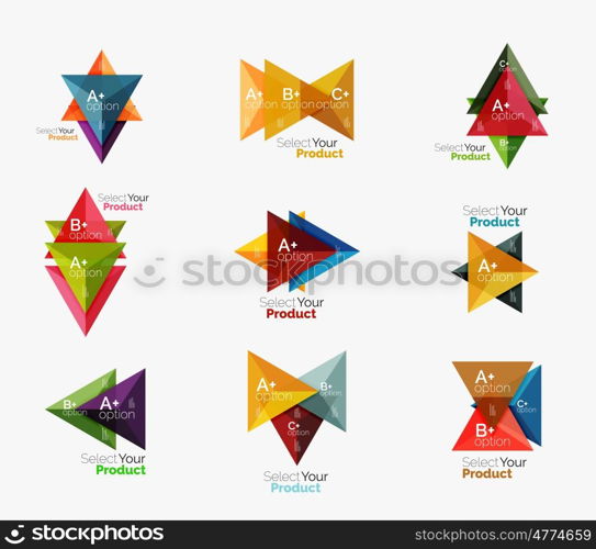 Set of triangle option infographic layouts. Select your product concept, make a choice idea