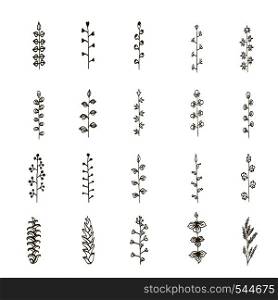 Set of twenty hand-drawn doodle pattern brushes. Vector branches for your design
