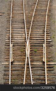 Set of two converging train tracks.