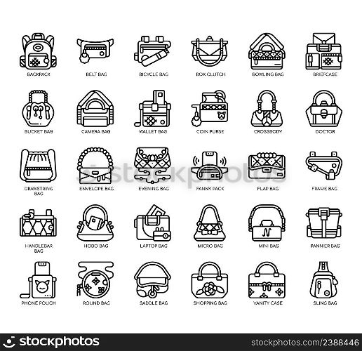 Set of Types of Bags thin line icons for any web and app project.