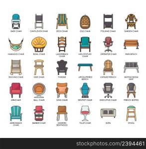 Set of Types of Chairs thin line icons for any web and app project.