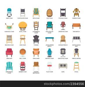 Set of Types of Chairs thin line icons for any web and app project.