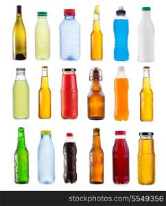 set of various bottles isolated on white background
