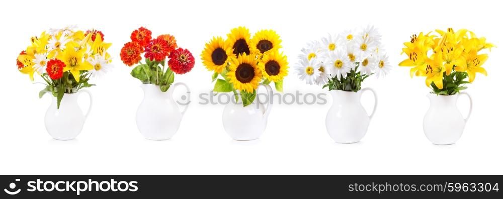 set of various bouquet of flowers in a jar on white background