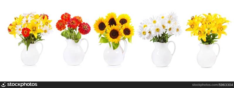 set of various bouquet of flowers in a jar on white background