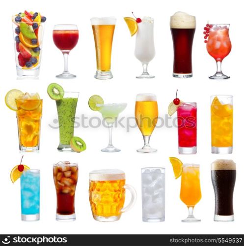 Set of various drinks, cocktails and beer isolated on white background