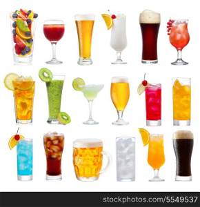 Set of various drinks, cocktails and beer isolated on white background