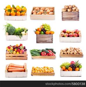 set of various fruits and vegetables in wooden box on white background