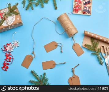 set of various items for packing a holiday gift. Package design. Festive concept. Vintage festive label.