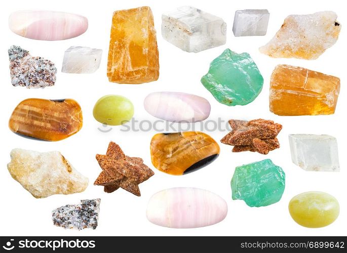 set of various natural mineral decorative calcite stones isolated on white background