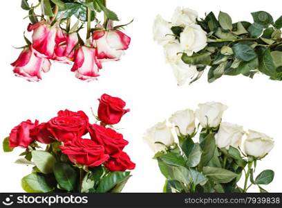 set of various rose bouquets isolated on white background
