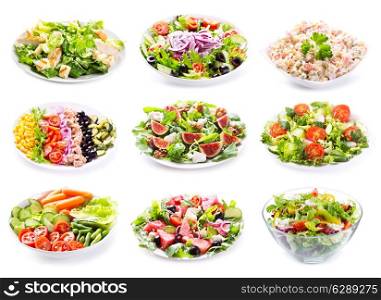 set of various salads on white background