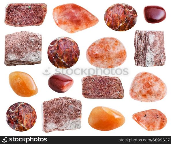 set of various Sunstone gemstones (Andesine, Heliolite, red Aventurine, Goldstone) isolated on white background
