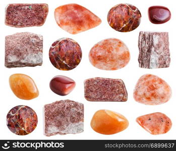 set of various Sunstone gemstones (Andesine, Heliolite, red Aventurine, Goldstone) isolated on white background