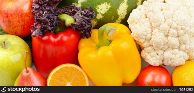 Set of various vegetables and fruits . Colorful background. Wide photo.